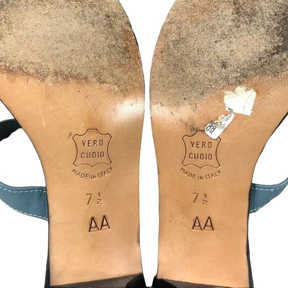 VINTAGE CHARLES JOURDAN Blue Leather Sandals Block Heels Italy 7.5 AA Narrow EUC - Picture 7 of 8